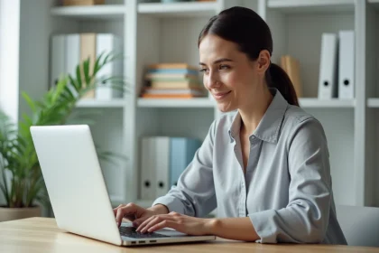 Femme retrouvant rapidement ses documents sur une plateforme en ligne depuis son bureau à domicile