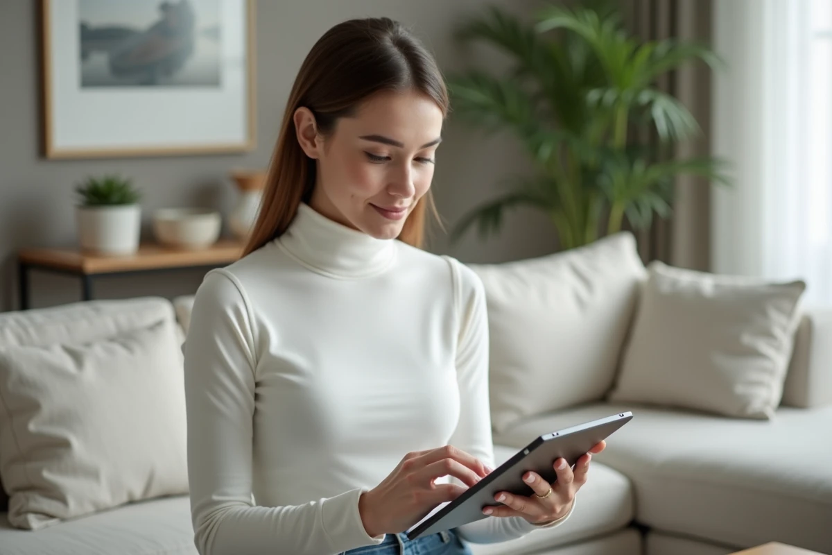 Jeune femme utilisant une tablette pour retrouver ses documents en ligne depuis son salon