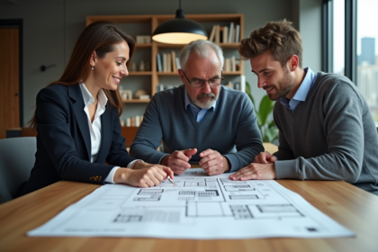 Trois professionnels discutent autour d'un plan architectural dans un bureau moderne