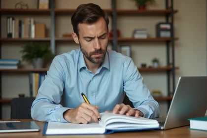 Professionnel du BTP révisant son dossier de certification professionnelle à son bureau avec des notes manuscrites