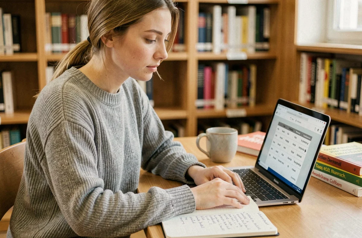 Jeune femme révisant la déclinaison allemande sur un ordinateur portable dans une bibliothèque universitaire