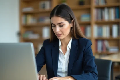Femme professionnelle créant une signature email sur un ordinateur portable dans un bureau administratif moderne