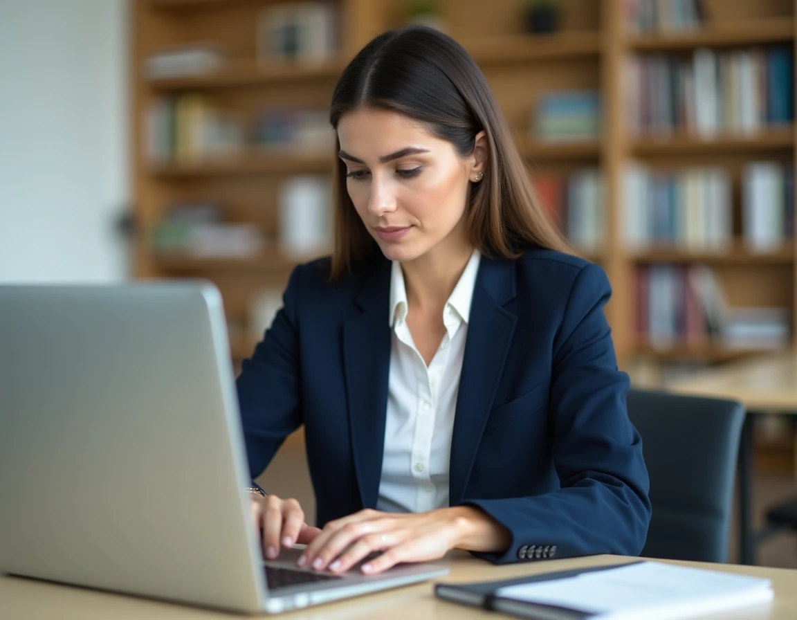Femme professionnelle créant une signature email sur un ordinateur portable dans un bureau administratif moderne