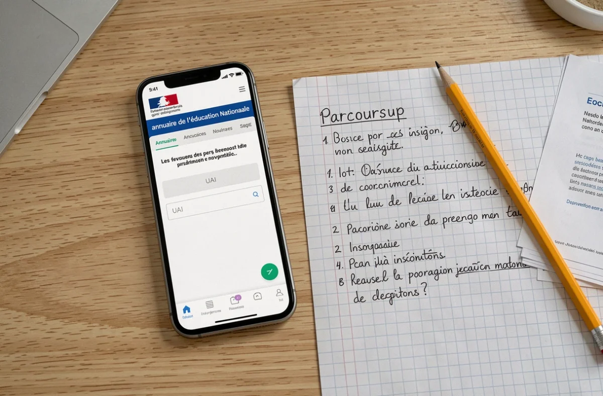 Vue de dessus d'un smartphone affichant un code UAI sur le site de l'annuaire de l'éducation nationale avec une liste de vérification manuscrite pour Parcoursup