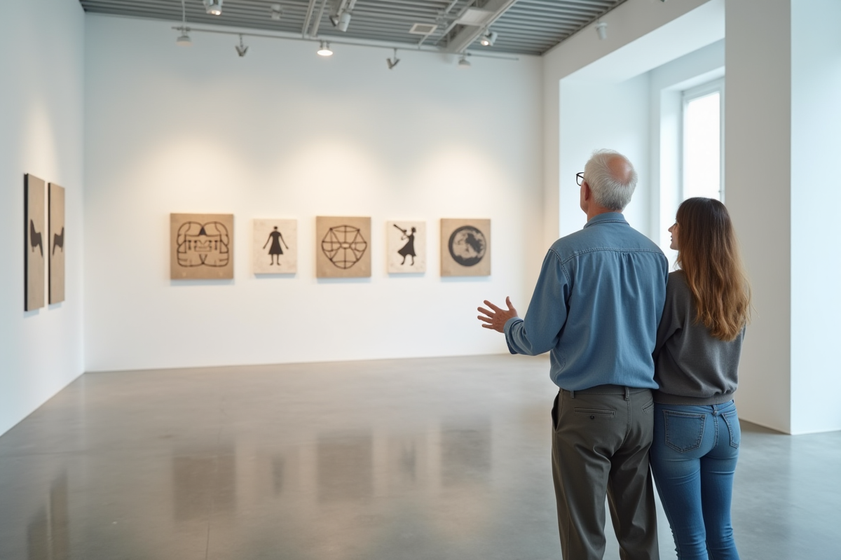 Une femme jeune et un homme agee observent des symboles ethique au musee