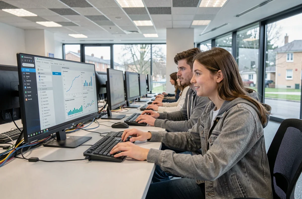Deux étudiants en alternance travaillant sur des ordinateurs dans un laboratoire numérique de l'IUT de Tremblay-en-France, Université Paris 8