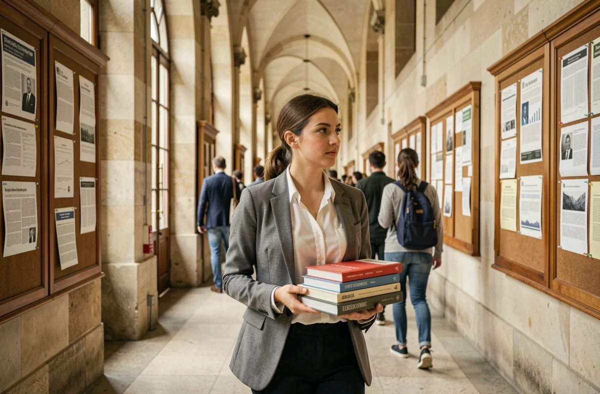 Étudiante en droit et économie à l'UFR de l'Université Sorbonne Paris Nord, marchant dans les couloirs de la faculté
