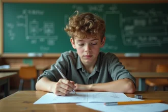 Élève adolescent assis à un bureau scolaire avec des notes de maths, un modèle de cube en plastique transparent et des formules géométriques au tableau