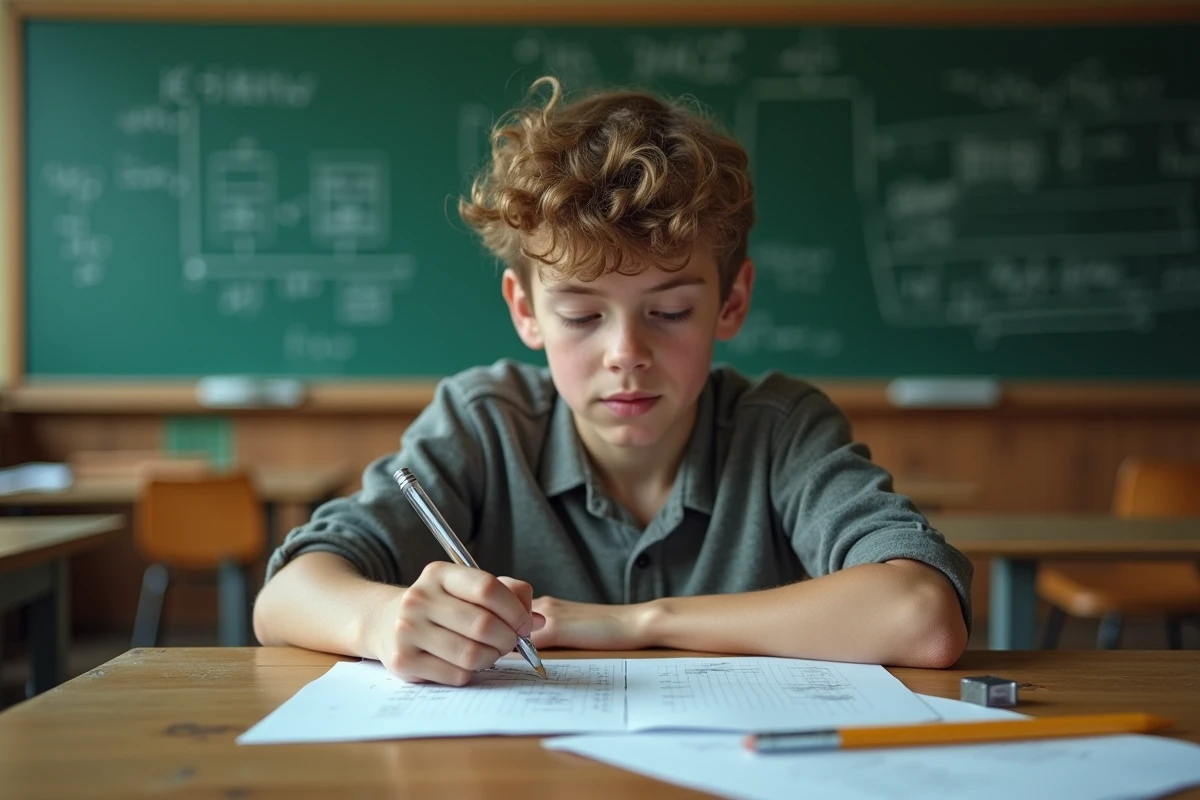 Élève adolescent assis à un bureau scolaire avec des notes de maths, un modèle de cube en plastique transparent et des formules géométriques au tableau